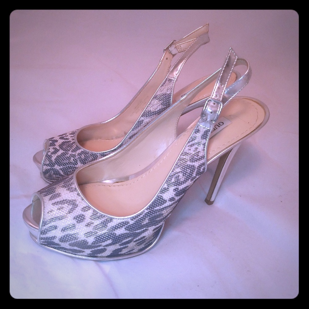 GUESS Silver Leopard Peep-toe Slingback Platform